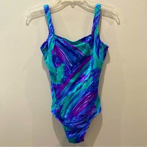 Vintage Jantzen Abstract Watercolor One Piece Blue Purple Swimsuit Size 12